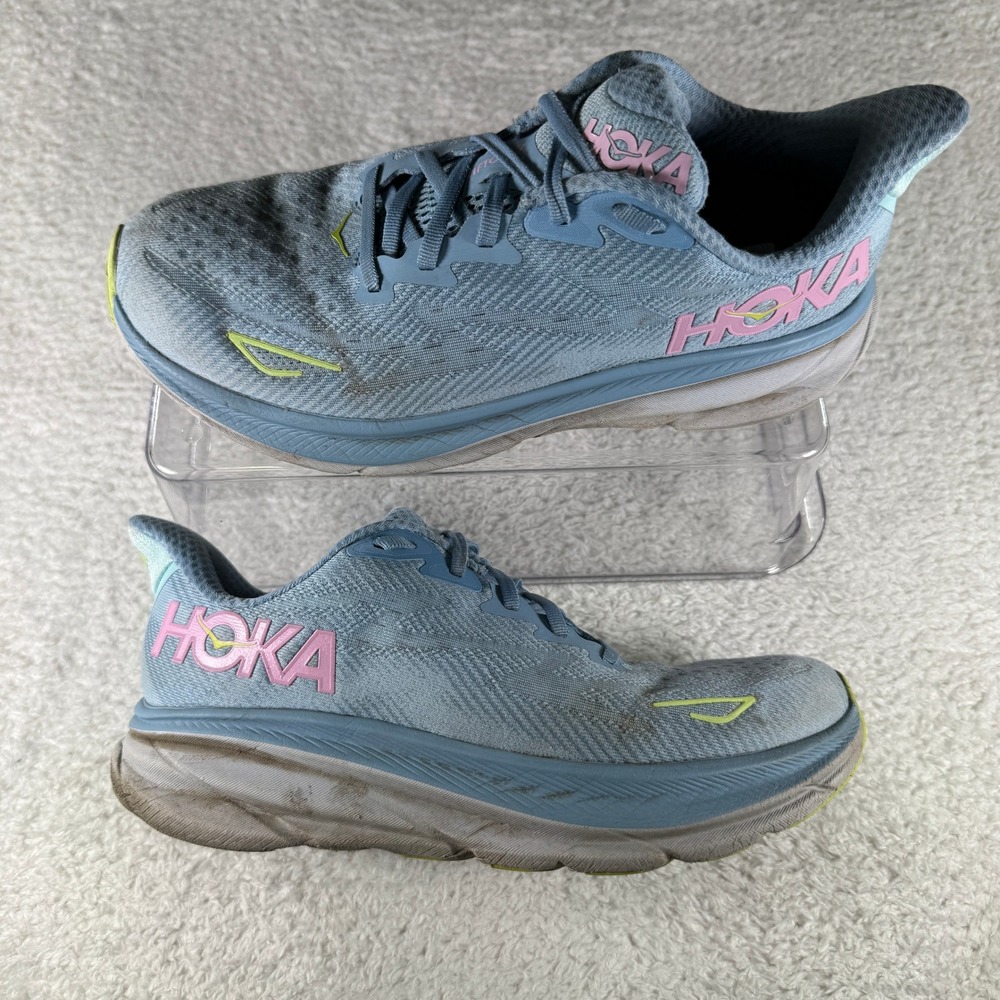 Hoka One One Womens Clifton 9 Blue Pink Running Shoes Sneaker Size 8.5D Wide